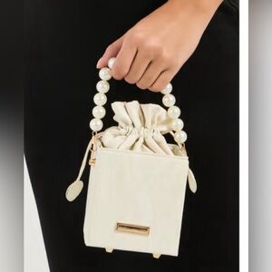 Mini Box Handbag - White Vegan Leather, with Pearl Handle. Pull String Closure